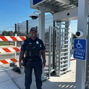 Shiloh Police Department presence at MetroLink station entrance.